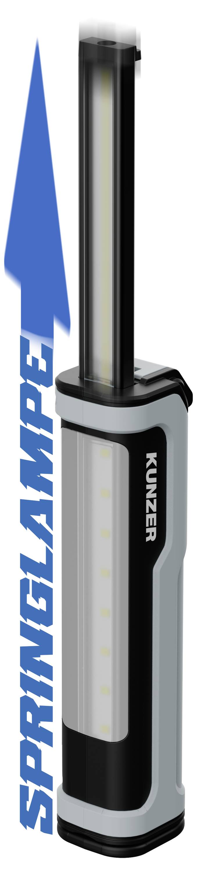 'KUNZER' branded handheld work light with an extendable LED strip, labeled 'SPRINGLAMPE' in blue text with an upward arrow.