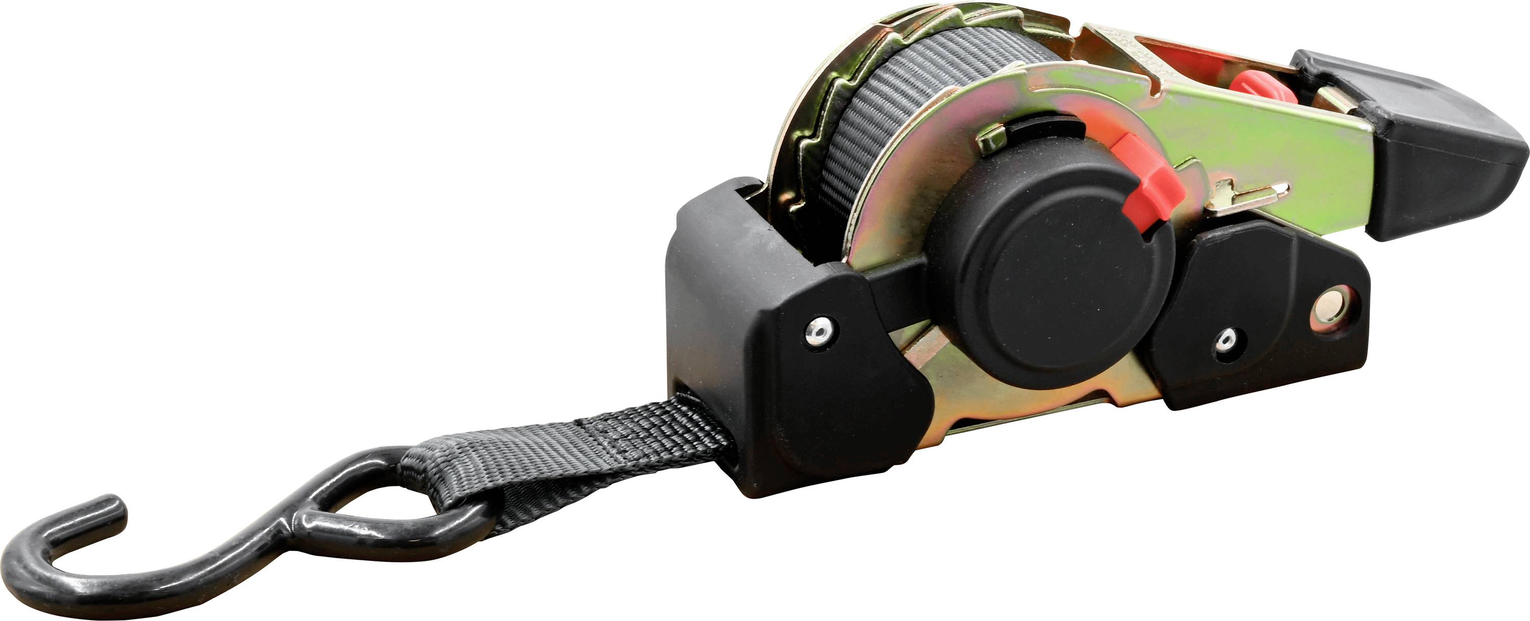 A retractable strap with a metal hook, typically used for securing cargo. The main body is metallic with a ratchet mechanism for tightening.