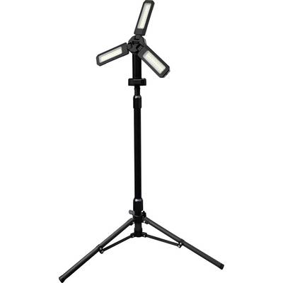 A tripod-mounted LED work light with three adjustable, rectangular light panels, designed for providing bright lighting on job sites.