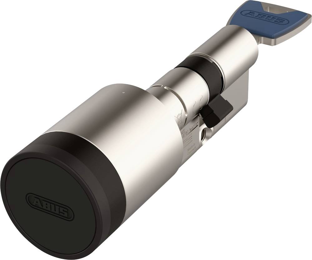 A modern chrome electronic lock cylinder with a key inserted, showcasing advanced security and technology features.