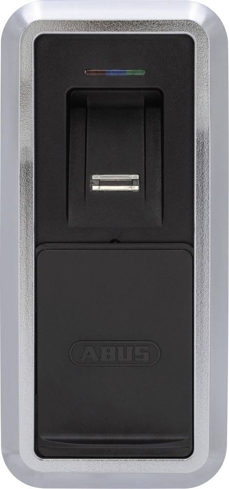 A biometric fingerprint scanner with a rectangular design, featuring indicator lights above the scanner and a brand name embossed below.
