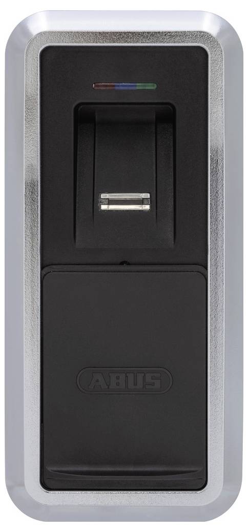 A sleek biometric fingerprint scanner with a silver border and black center, displaying a subtle logo.