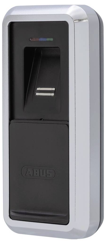 Fingerprint scanner with a metal frame, black panel, and 'ABUS' logo, used for secure access control.