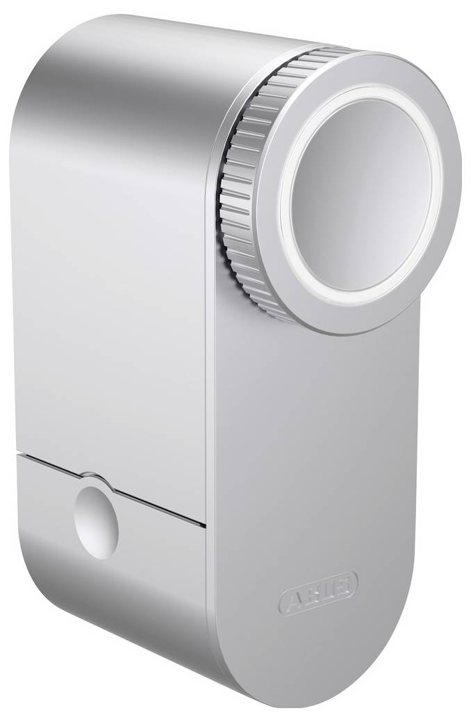 A silver, modern smart lock with a circular dial and the brand name visible at the bottom.