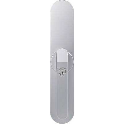 A sleek, silver door handle with a keyhole in the center, designed for modern interiors or secure access points.
