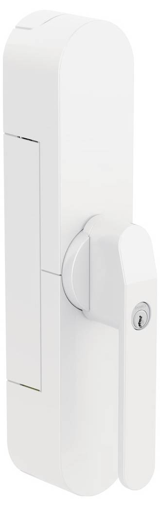 A white door lock featuring a vertical handle and a keyhole, designed for secure closing of doors, depicted against a plain background.