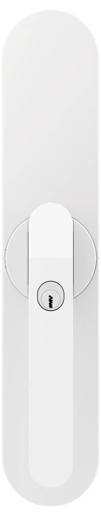 A sleek, modern white door handle with an integrated keyhole in the center, set against a plain background.