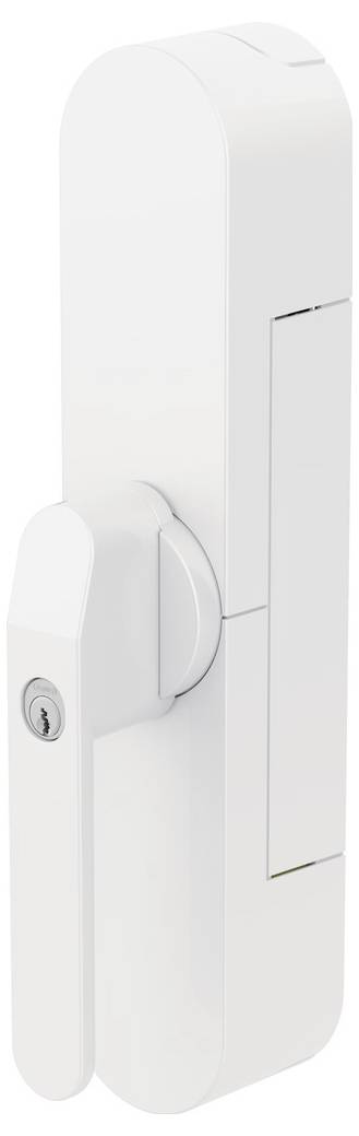 A white modern door lock with a vertical handle and keyhole, designed for security.