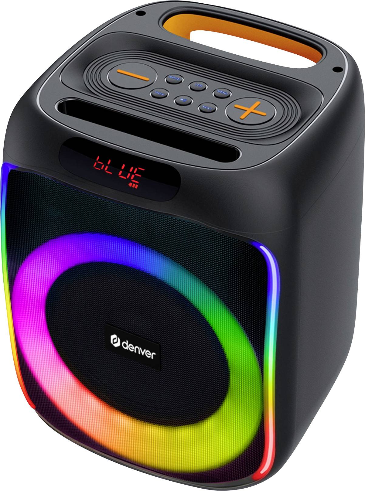 Portable speaker with a handle, LED light ring, and top buttons for controls. Display shows 'BLUE'.