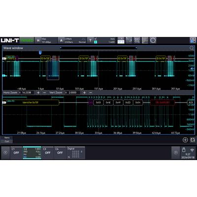 'Oscilloscope screenshot showing two waveform traces. Top trace displays seven data packets tagged with hex values. Bottom trace shows CAN FD with controls.'