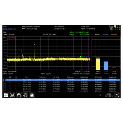 'Spectrum analyzer display showing EMI frequency scan from 0 to 1 GHz. Peaks at 158 MHz, 891.440833 MHz. Average signal at -55.02 dBm.'