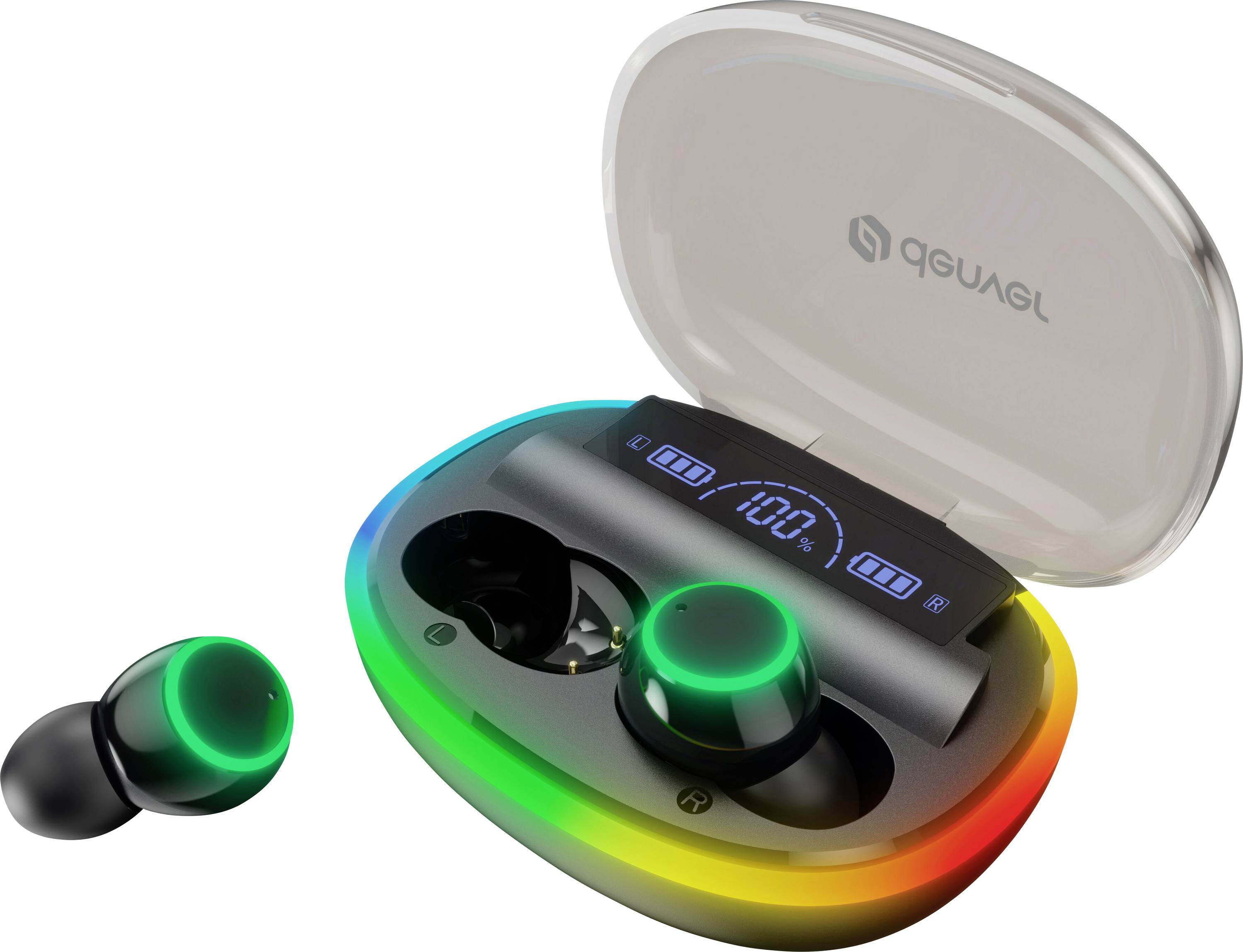 A pair of wireless earbuds with a charging case displaying battery level. The case has a colorful LED rim and an open lid.