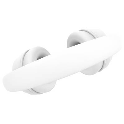 A pair of white over-ear headphones with a minimalist and sleek design, featuring cushioned ear pads and a smooth headband.