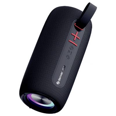 A portable black speaker with a strap, featuring volume, power, and lighting control buttons. The brand 'Denver' is visible on the side.