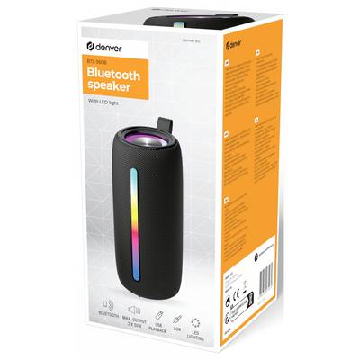 Bluetooth speaker in a box with LED light feature, max output 2x 5W, Bluetooth, Aux, and LED lighting options shown on packaging.