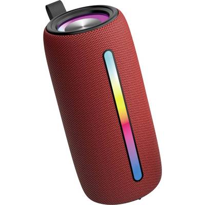 A red portable speaker with a vertical LED light strip displaying multiple colors and a black handle at the top.
