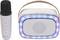A wireless microphone and portable speaker with a light-up border and control buttons. The speaker has a handle for easy carrying.