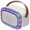 Portable white speaker with a brown handle, featuring a ring of blue and purple LED lights around the front grill.