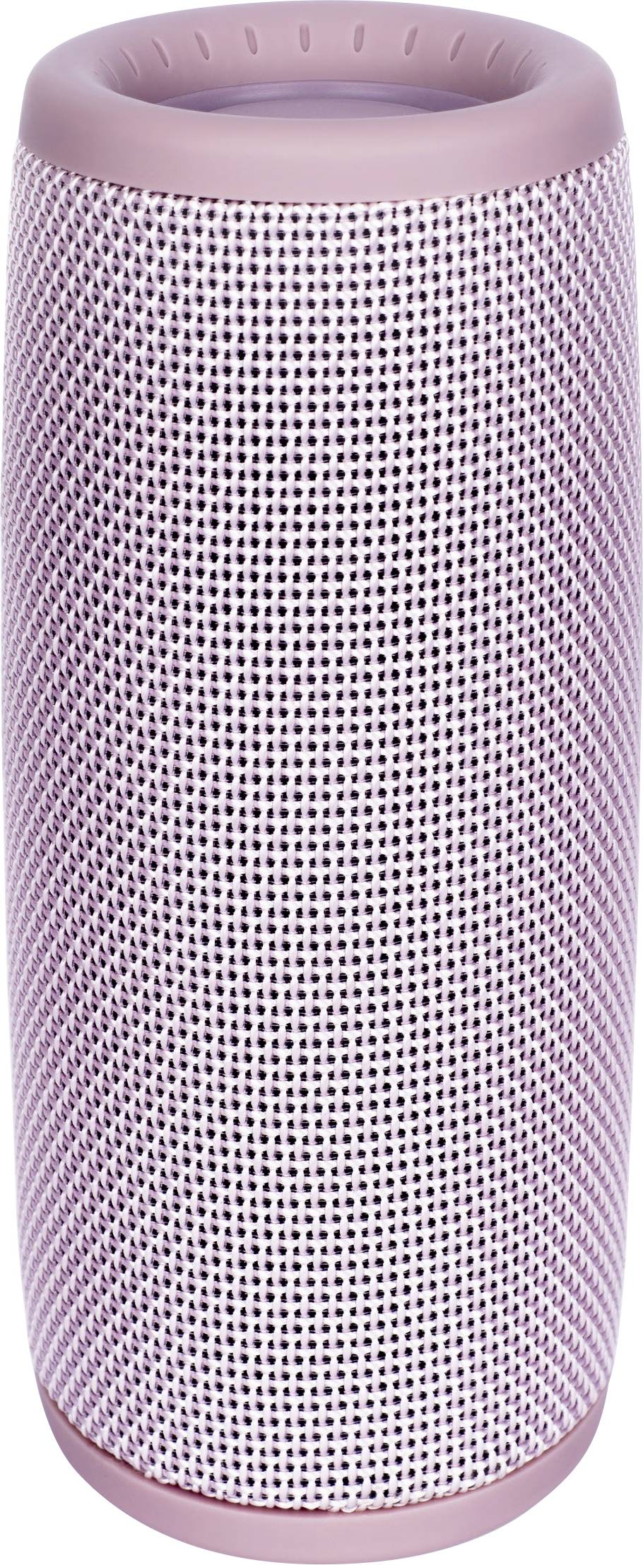 A cylindrical, purple portable speaker with a perforated surface, designed for 360-degree sound output.