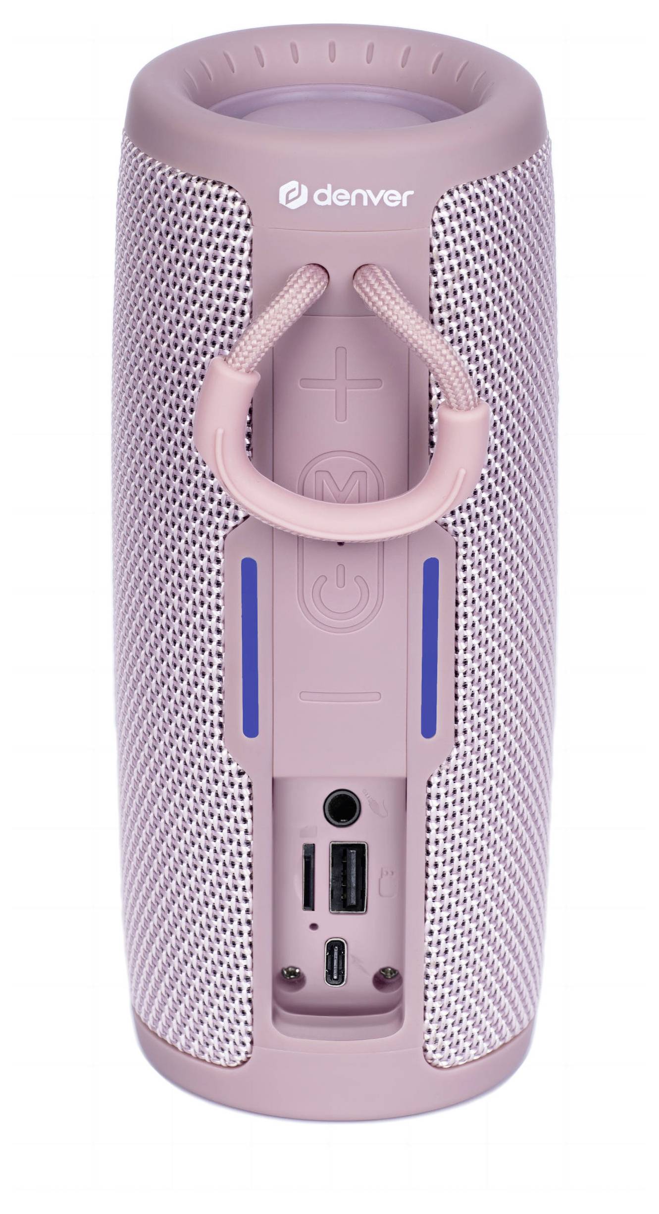 A pink portable speaker with a handle, volume control buttons, and various ports for connectivity.