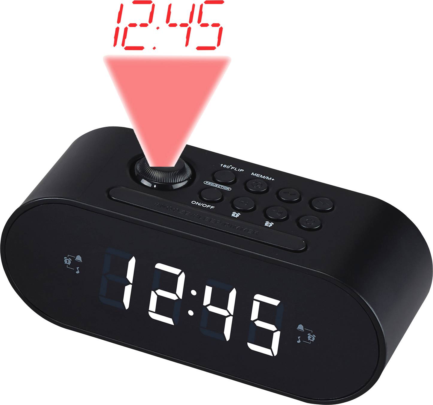 A digital clock displays '12:45' on its face and projects the same time upward in red light.