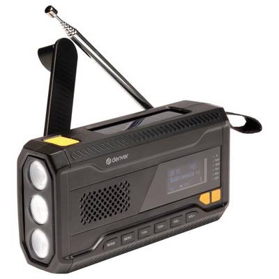 A black portable radio with a hand crank, antenna, solar panel, flashlight, and digital display showing frequency.