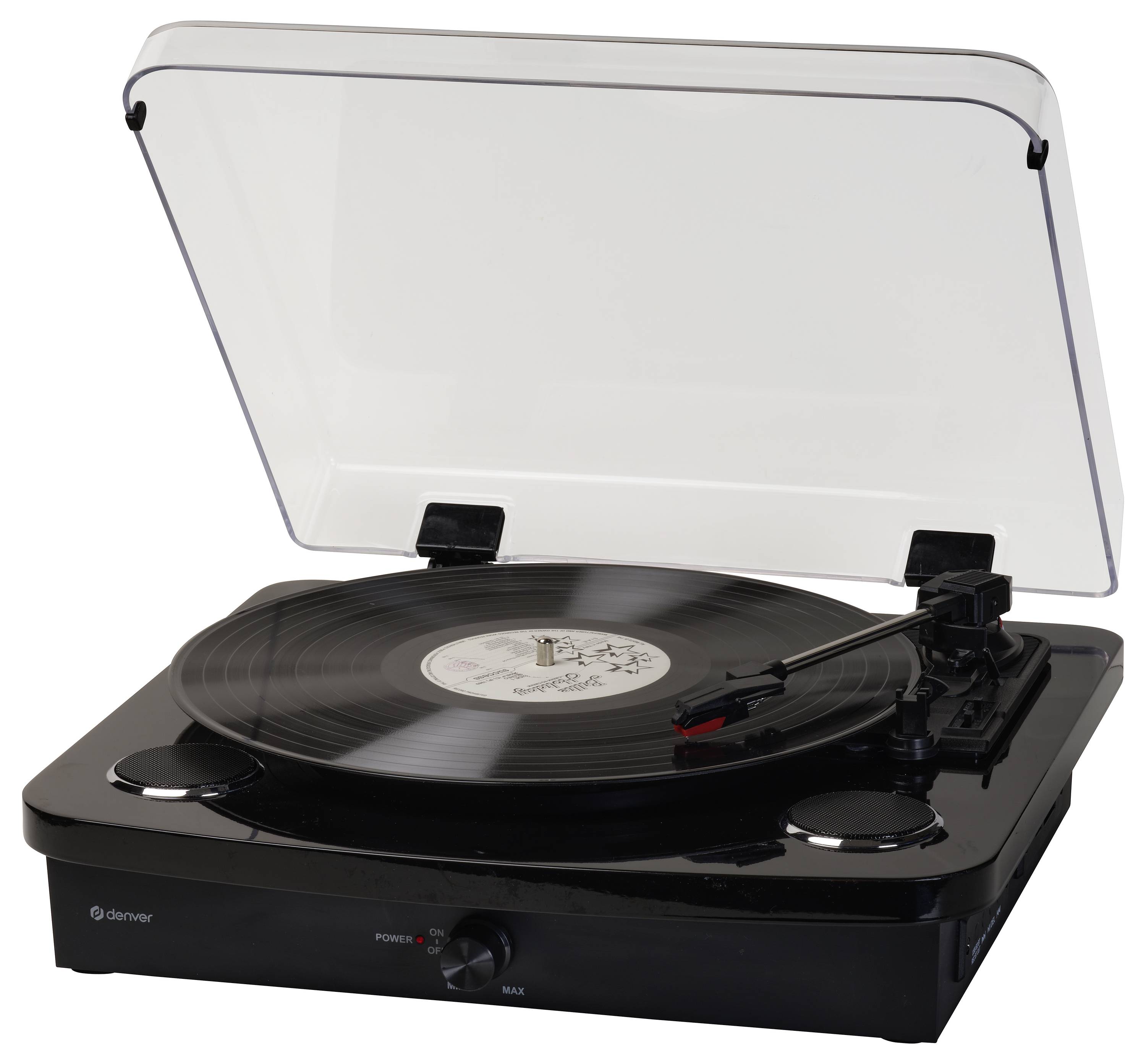 A black vinyl record player with a clear cover is playing a record. The tonearm is positioned on the record, indicating active playback.