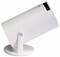 A sleek, modern white table fan with a cylindrical design, mounted on a round base, angled slightly upward for direct airflow.