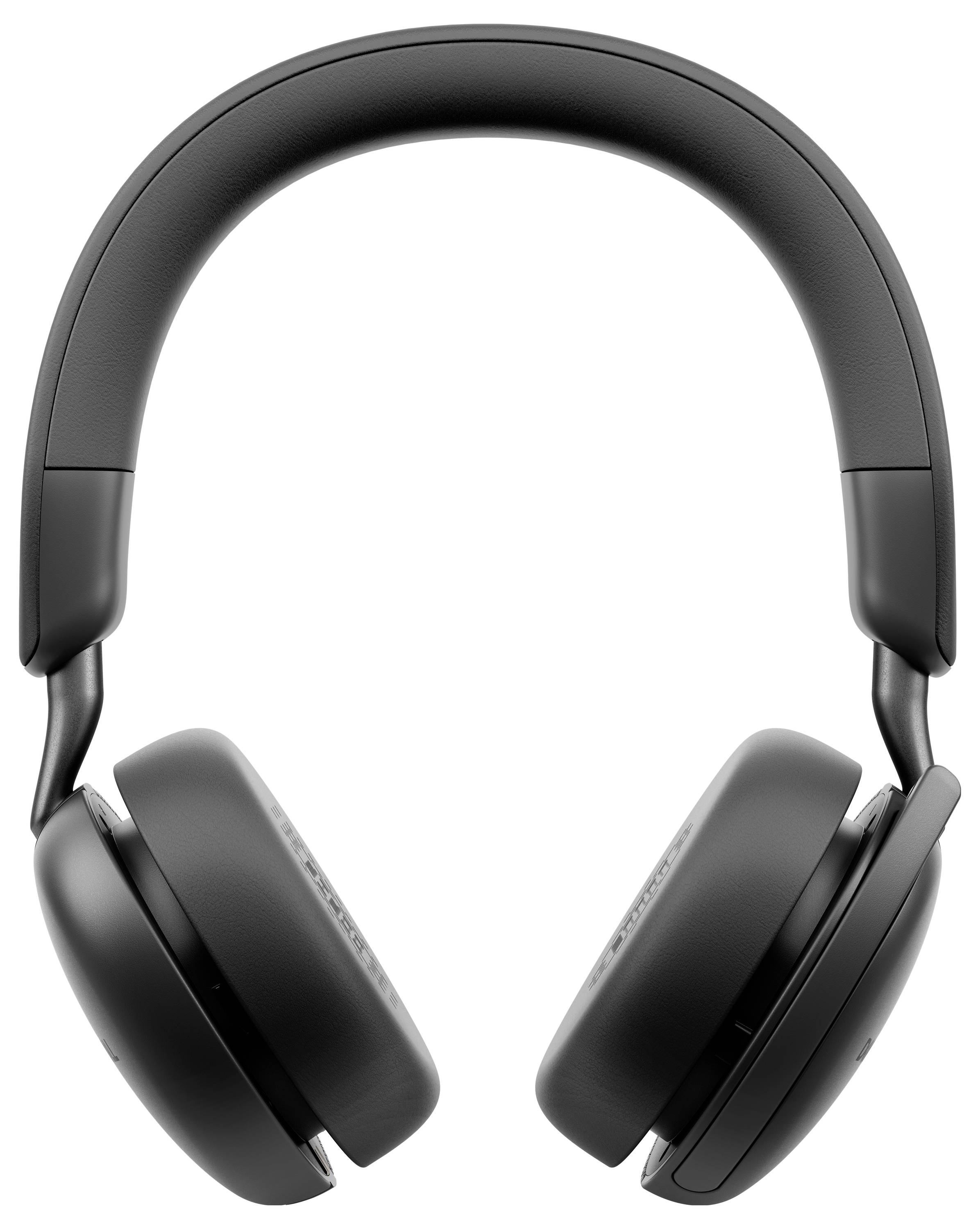 Black over-ear headphones viewed from the front, showcasing sleek design and cushioned earpads for comfort.