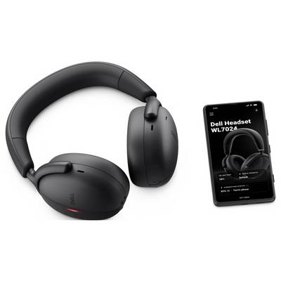 Black wireless headset beside smartphone displaying 'Dell Headset WL7024' information on screen.