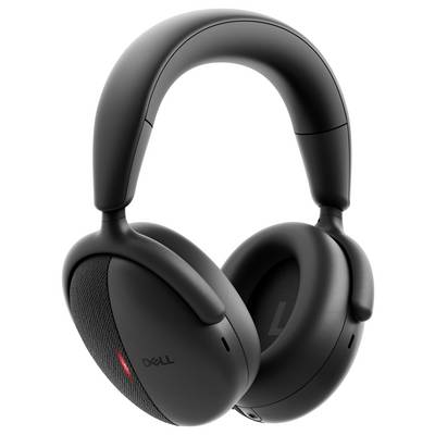 A pair of black over-ear headphones with a sleek design, featuring the Dell logo on the earcups, displayed on a white background.