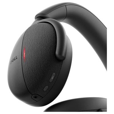 A pair of black over-ear headphones with a visible red LED indicator light on the side, featuring a microphone button and volume control.