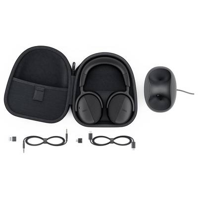 Headphones in a black case with accessories: USB adapter, audio cable, charging cable, and charging dock are neatly arranged.