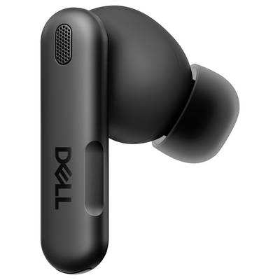 A single, black Dell wireless earbud with a sleek design and visible logo on the side, featuring a small mesh speaker grille.