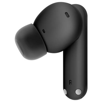A single black wireless earbud with silicone tip and 'R' marking, indicating the right ear.