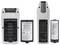 Two electronic devices with open battery compartments, showing four AA and AAA battery slots. Warning labels on removable covers.