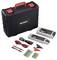 'Voltcraft' electronic testing kit including two digital meters, cables, probes, and batteries, displayed next to a black and red carrying case.