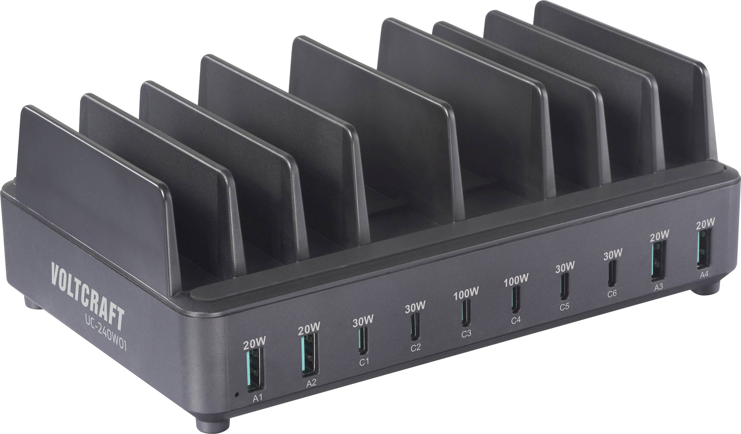 A black Voltcraft charging station with multiple USB ports labeled from A1 to C5. Each port indicates a power rating, ranging from 20W to 100W.