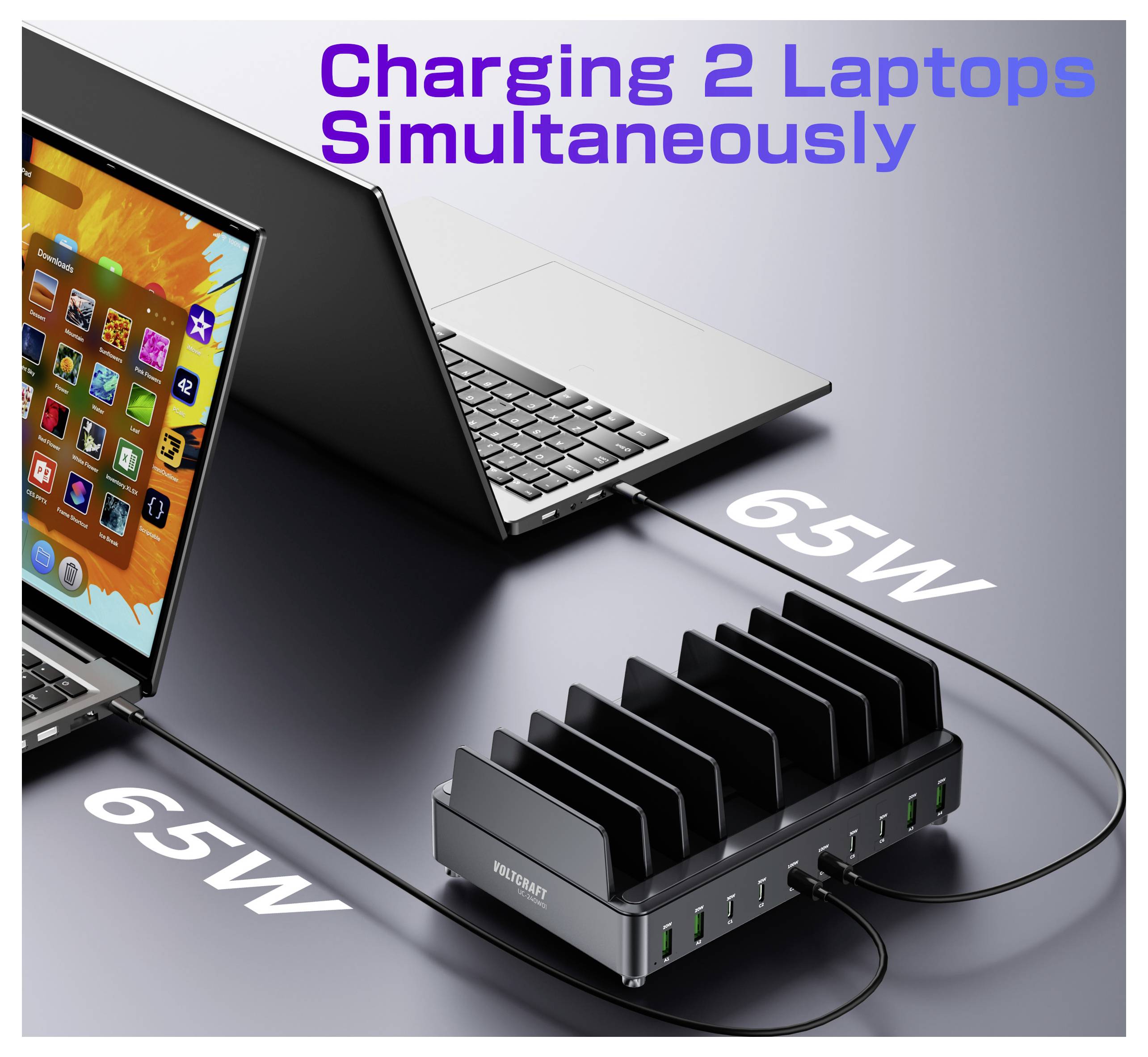 Dual laptop charging setup showing two laptops connected to a charging station, each receiving 65W power, with the text 'Charging 2 Laptops Simultaneously'.