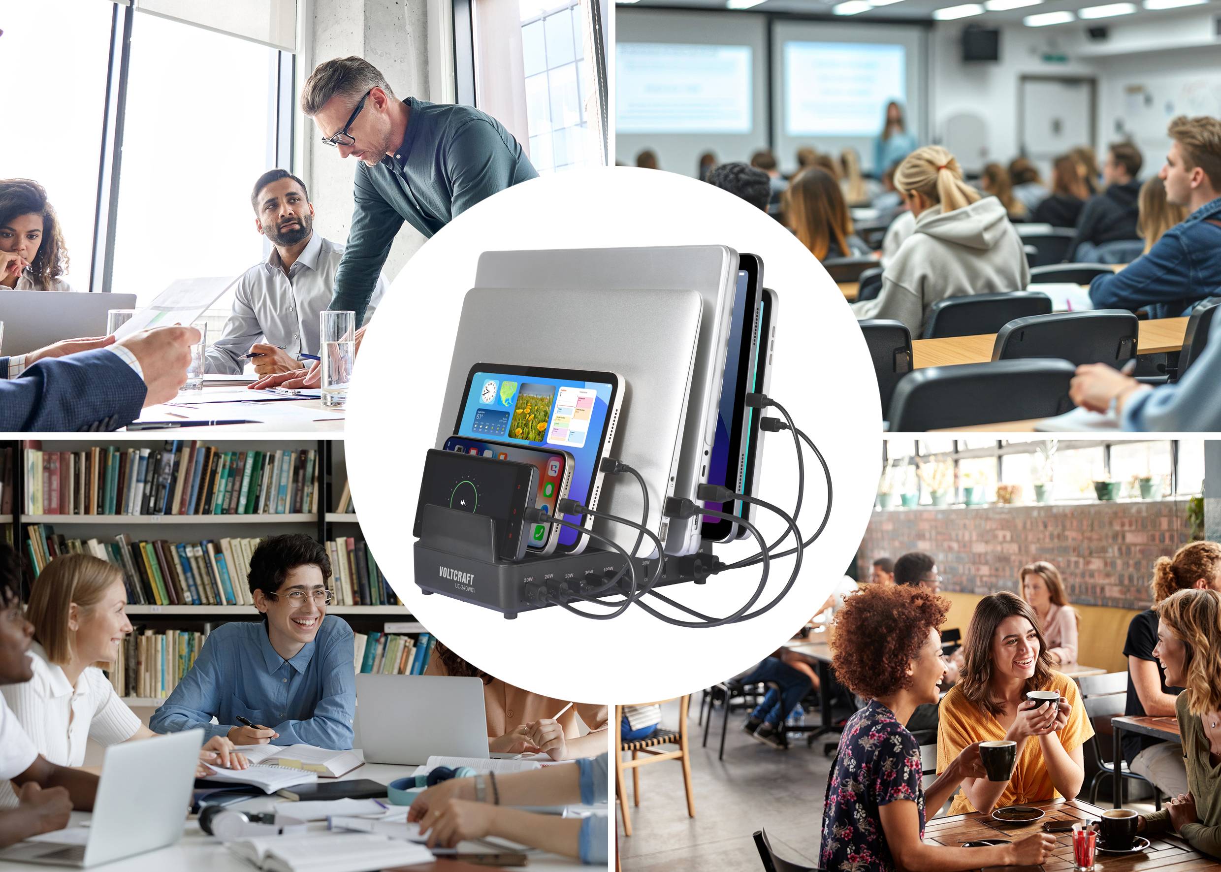 'Collage: Diverse groups of people engaged in learning in classrooms and informal settings, with a central image of a device charging station.'