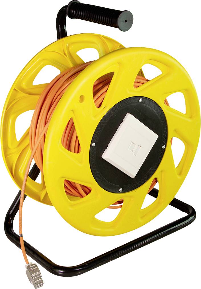 A yellow cable reel with an orange Ethernet cable wrapped around it, featuring a black handle and a network port on the side.