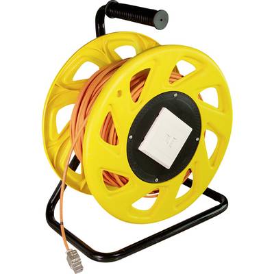 A yellow cable reel with an orange Ethernet cable wrapped around it, featuring a black handle and a network port on the side.