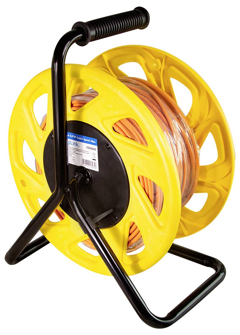 An orange extension cord wound on a yellow plastic reel with a black handle and stand.