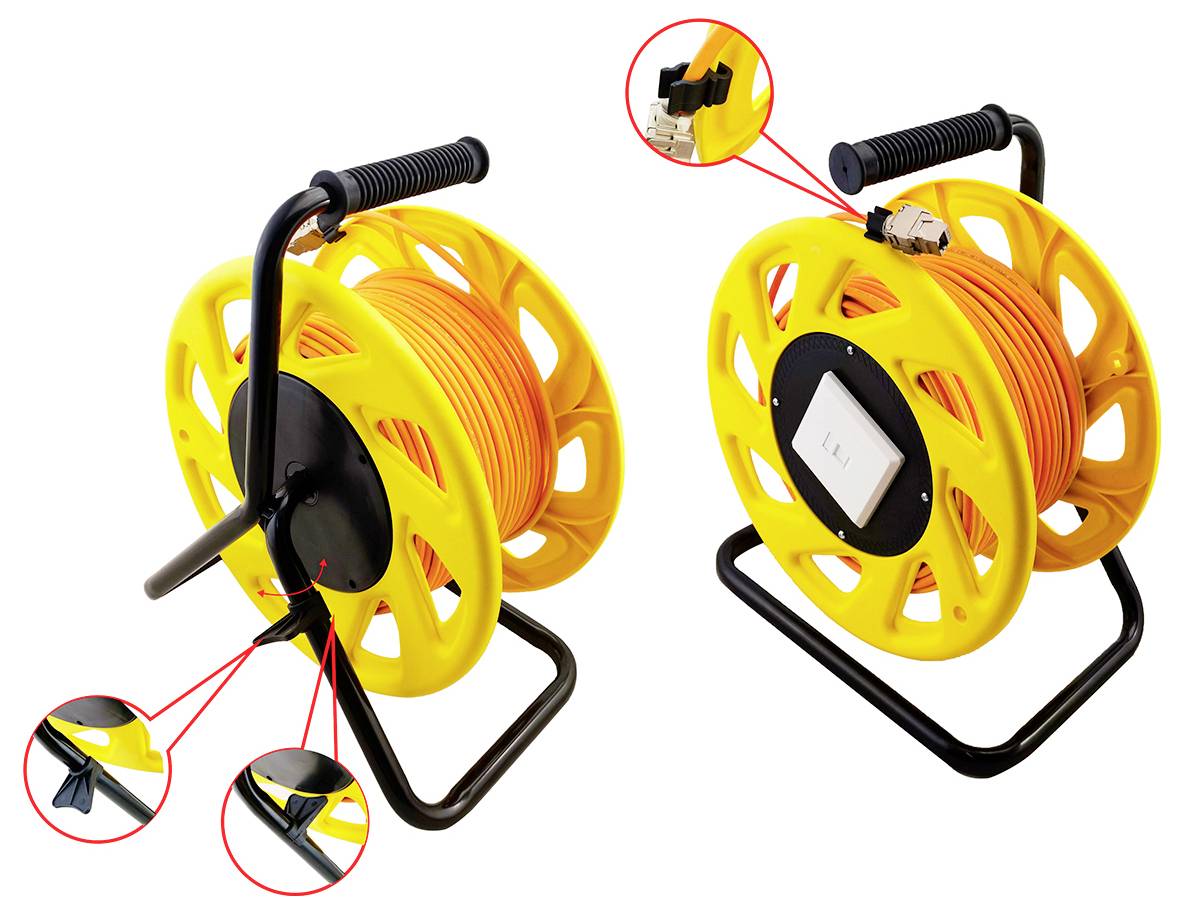 Two yellow cable reels, each with a handle and black stand. One reel has a power outlet, and red circles highlight connectors and parts.