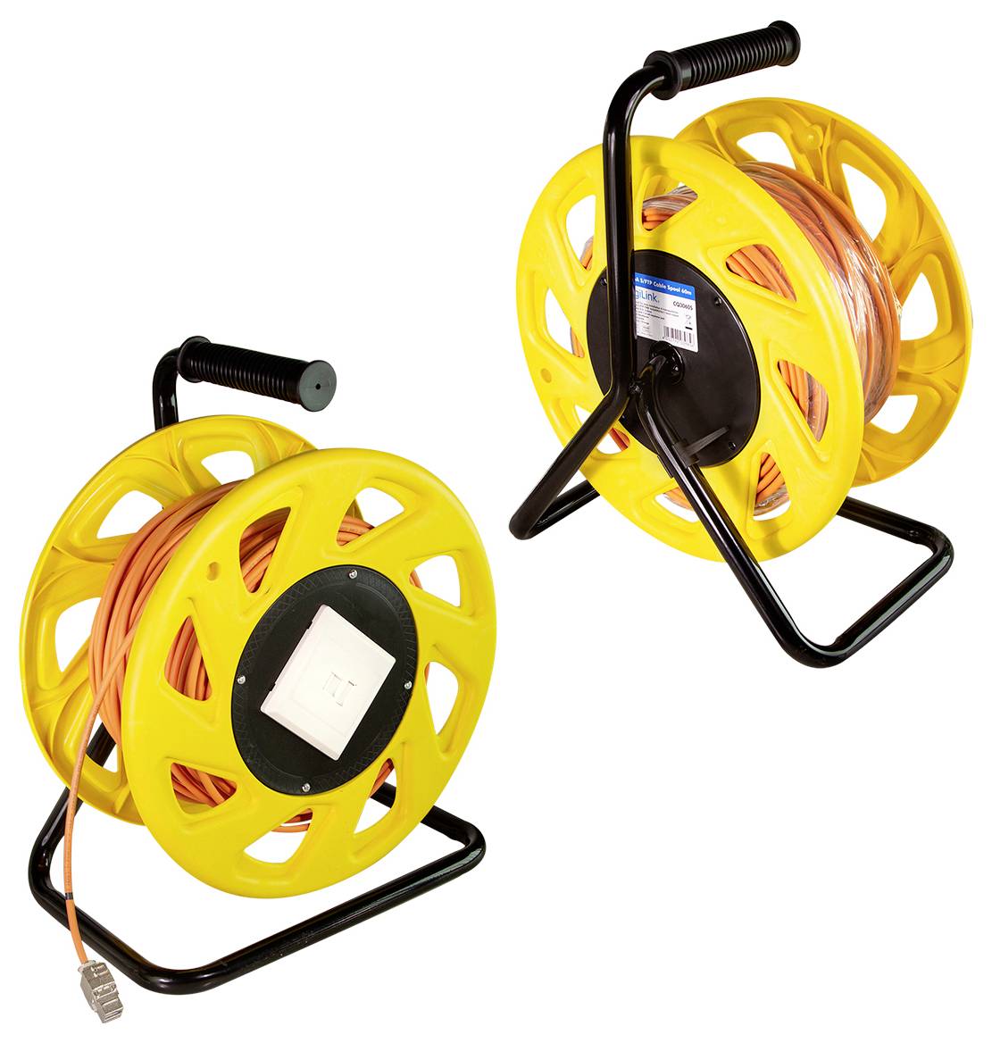 'Two large yellow cable reels with black stands, each holding long orange electrical cables, one with a plug and outlet. White background.'