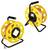 'Two large yellow cable reels with black stands, each holding long orange electrical cables, one with a plug and outlet. White background.'