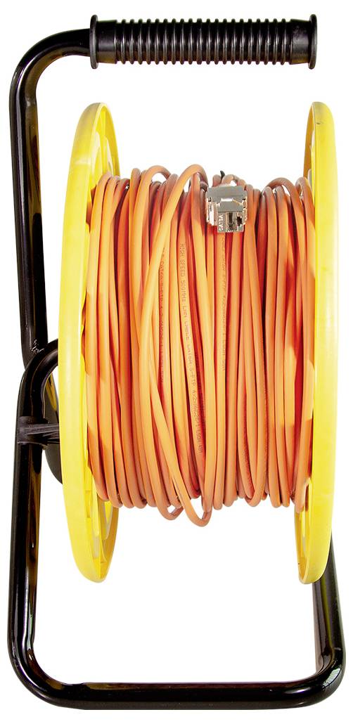 A yellow and black cable reel with an orange extension cord coiled around it, featuring a handle for easy transport.