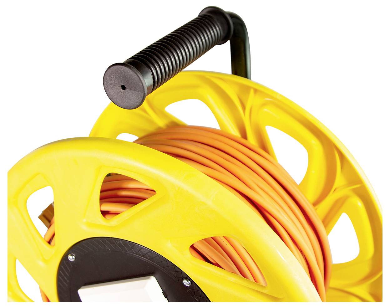 A yellow cable reel with an orange extension cord wrapped around it, featuring a black handle on top for carrying.