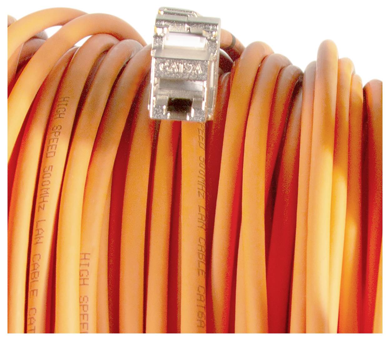 An orange Ethernet cable with a metal connector, labeled 'HIGH SPEED 500MHZ LAN CABLE CAT 6A'.