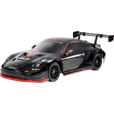 A sleek black and red remote-controlled sports car with detailed decals and a large rear spoiler, designed for high-speed performance.